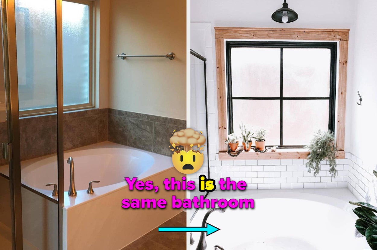 reviewers bathroom before / same reviewer's bathroom after with the white subway tiles "yes, this is the same bathroom"