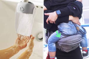 child's hands under running faucet that has the extender on it / reviewer holding child while using Tushbaby hip carrier