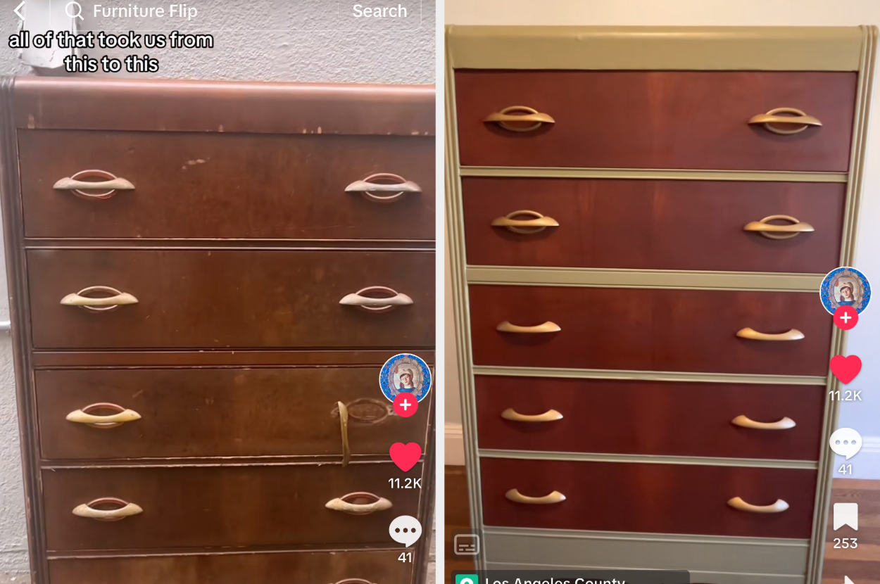 Before and after of a dresser that Kyle refurbished