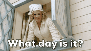 Amy Sedaris looks out a window and says "what day is it?"