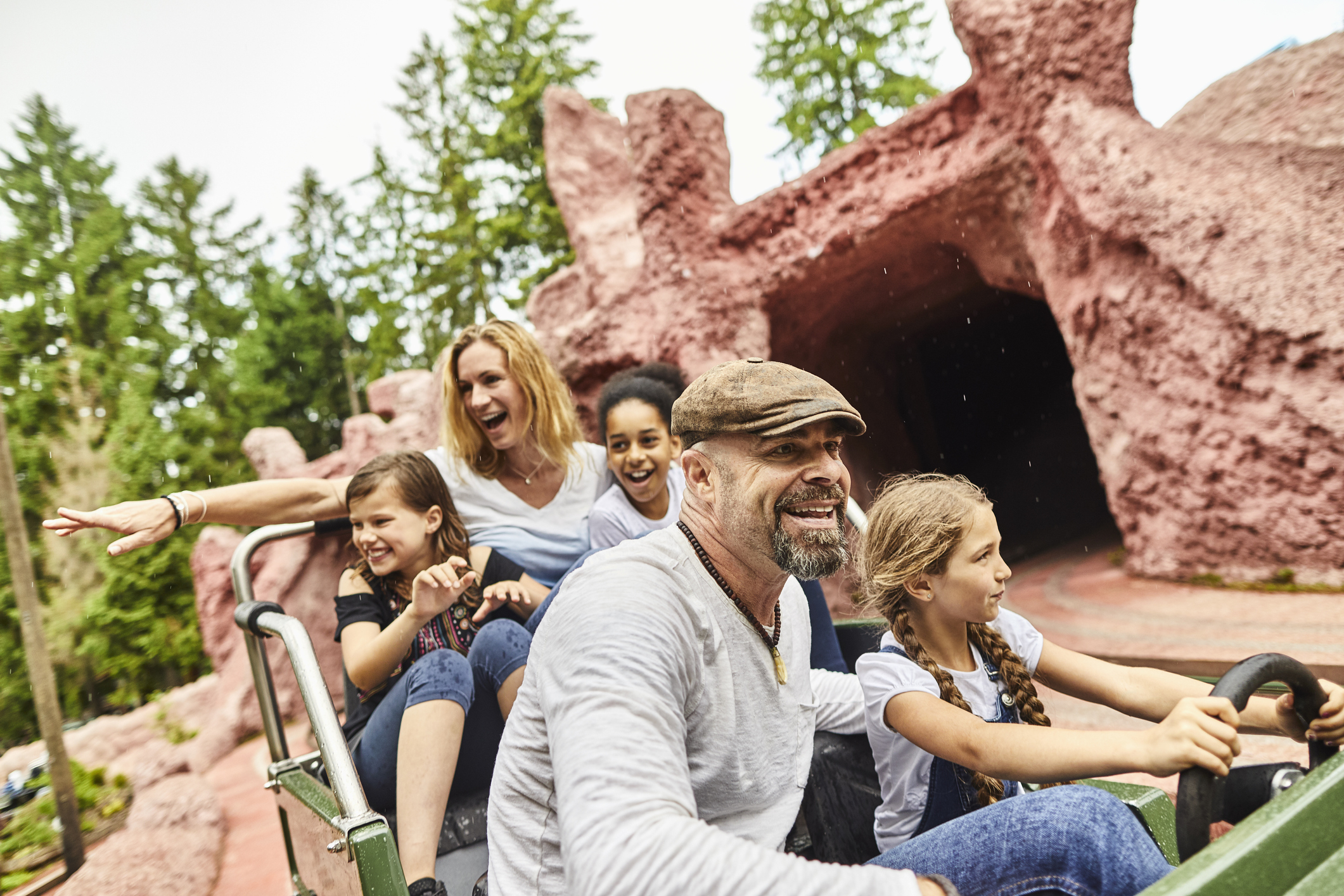A family on a theme park ride