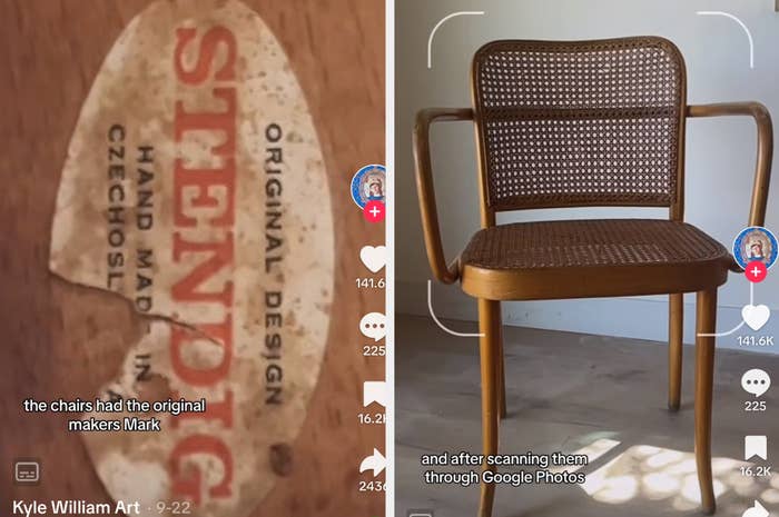 makers mark on the bottom of a chair and screenshot showing Kyle scanning the chair through google photos