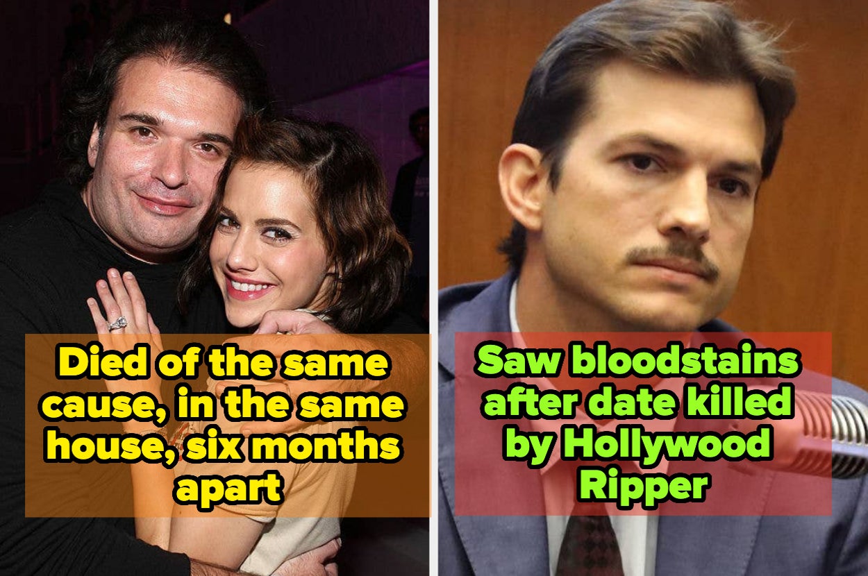 brittany murphy and simon monjack captioned "Died of the same cause, in the same house, six months apart" and ashton kutcher captioned "Saw bloodstains after date killed by Hollywood Ripper"