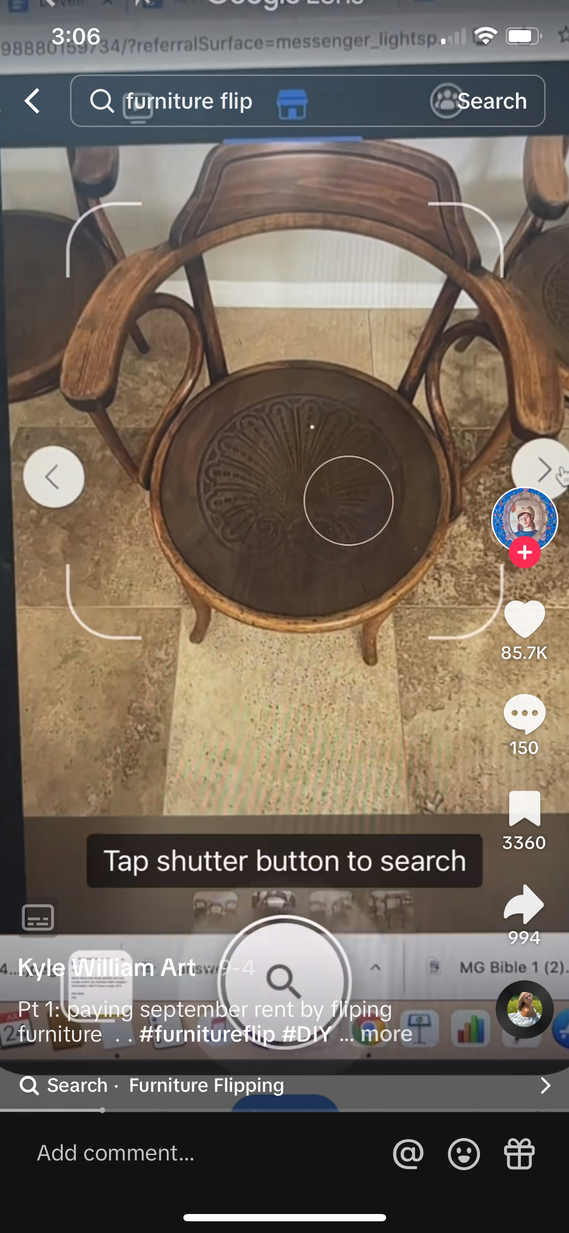 kyle taking a picture of a chair to run through google lens
