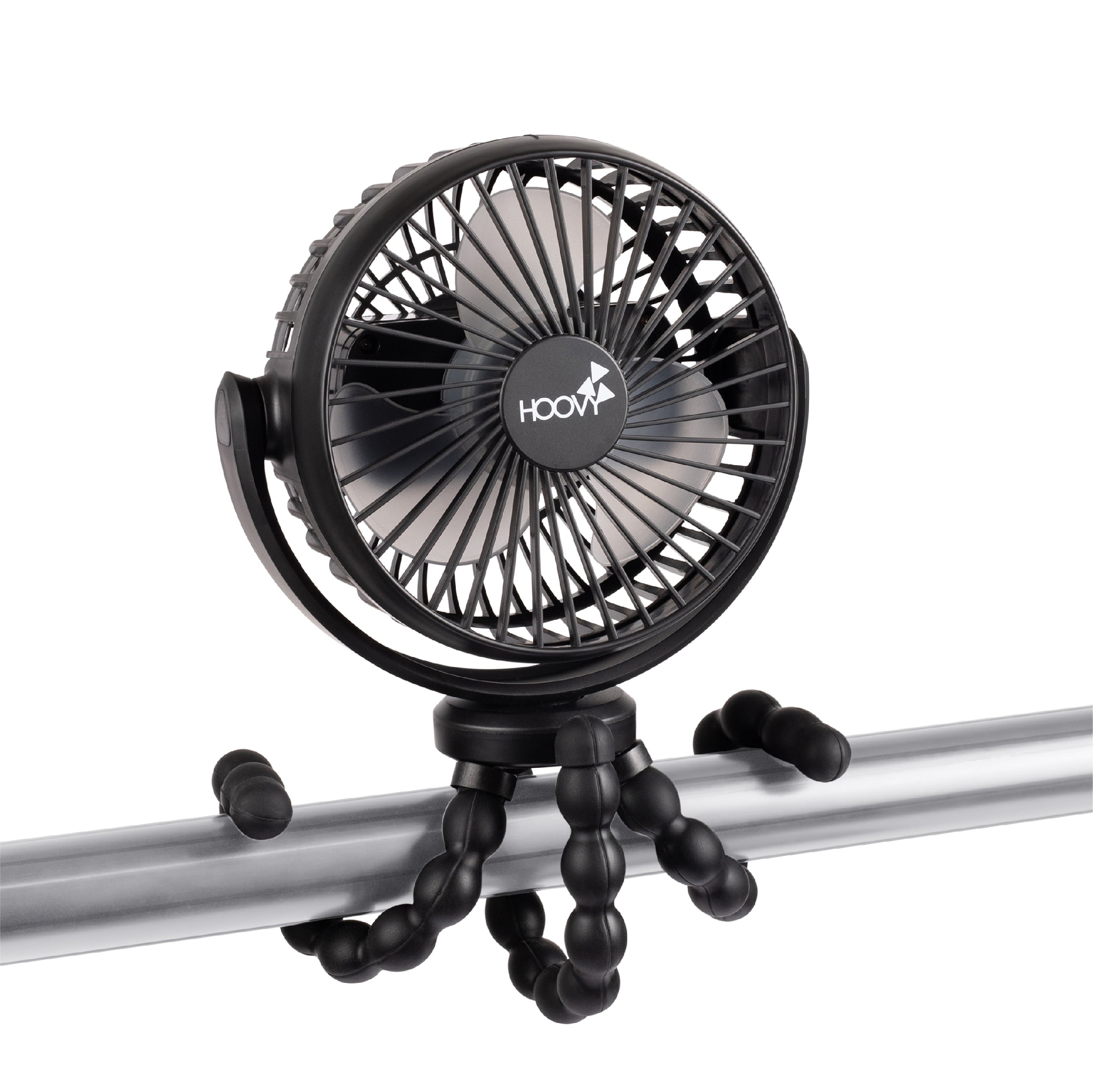 the fan attached to a pole with its moldable legs