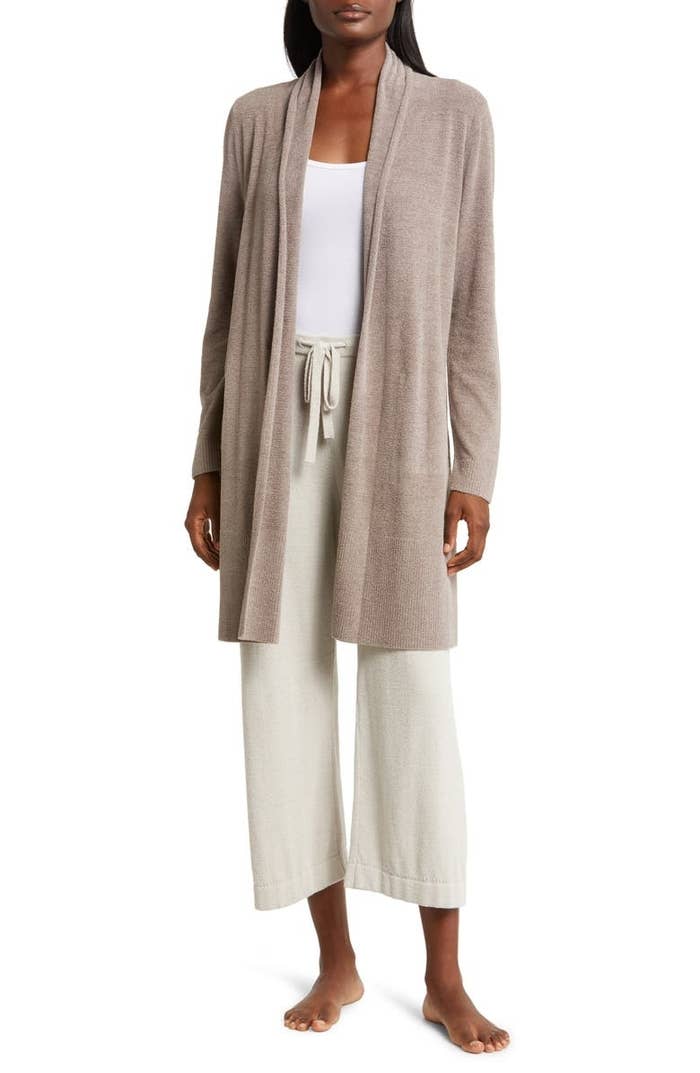 the cardigan in an oatmeal color