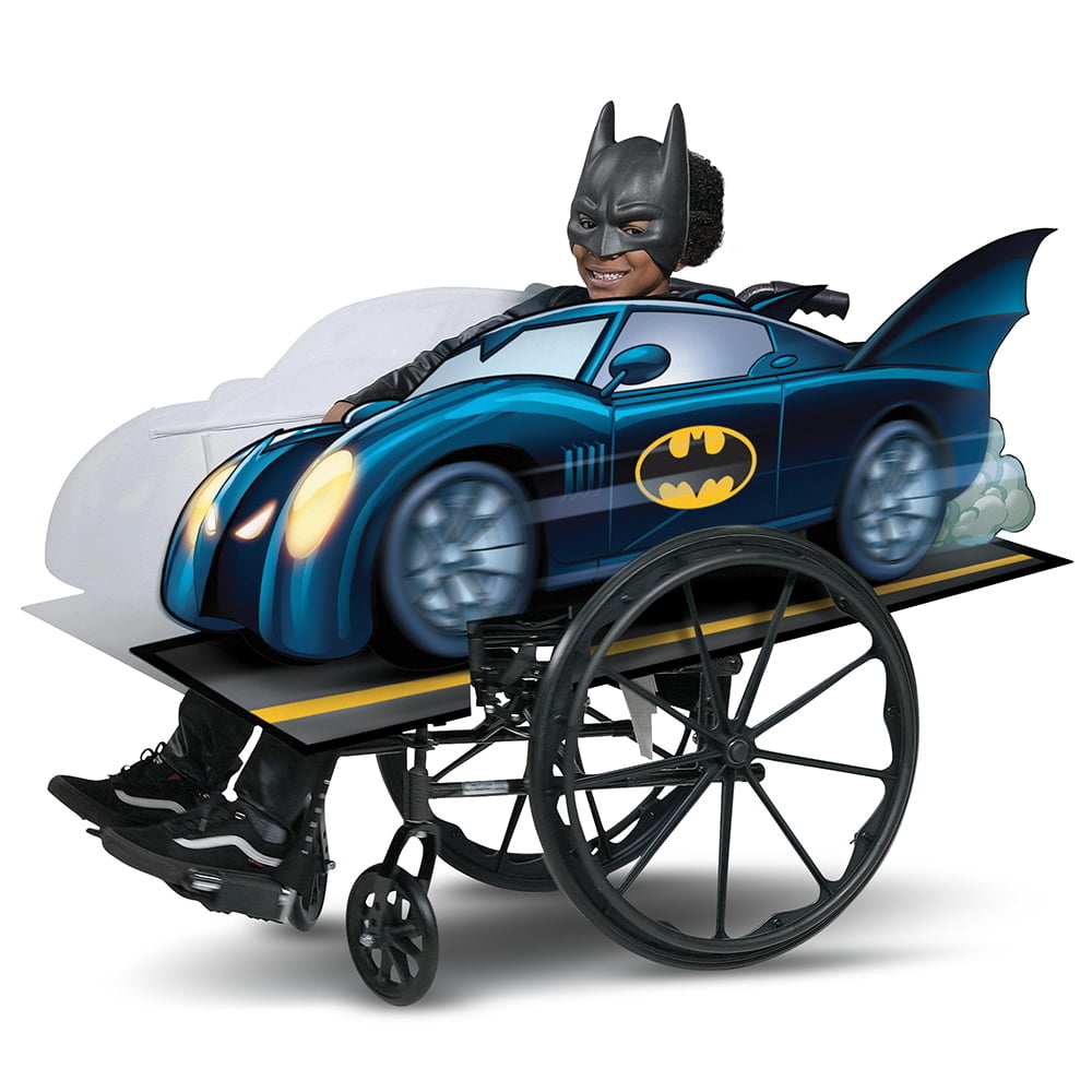 a child in a wheelchair with the batmobile cover costume