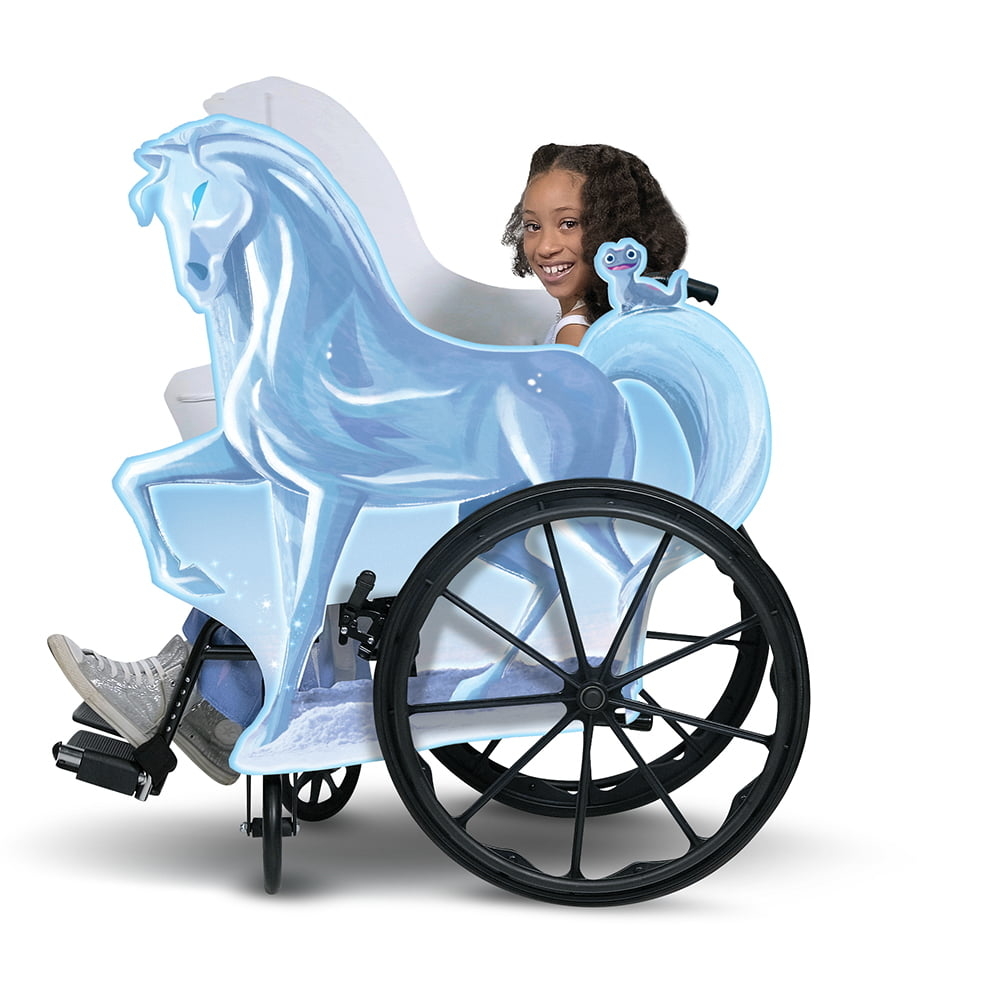 a child in a wheelchair with the frozen costume cutout over it