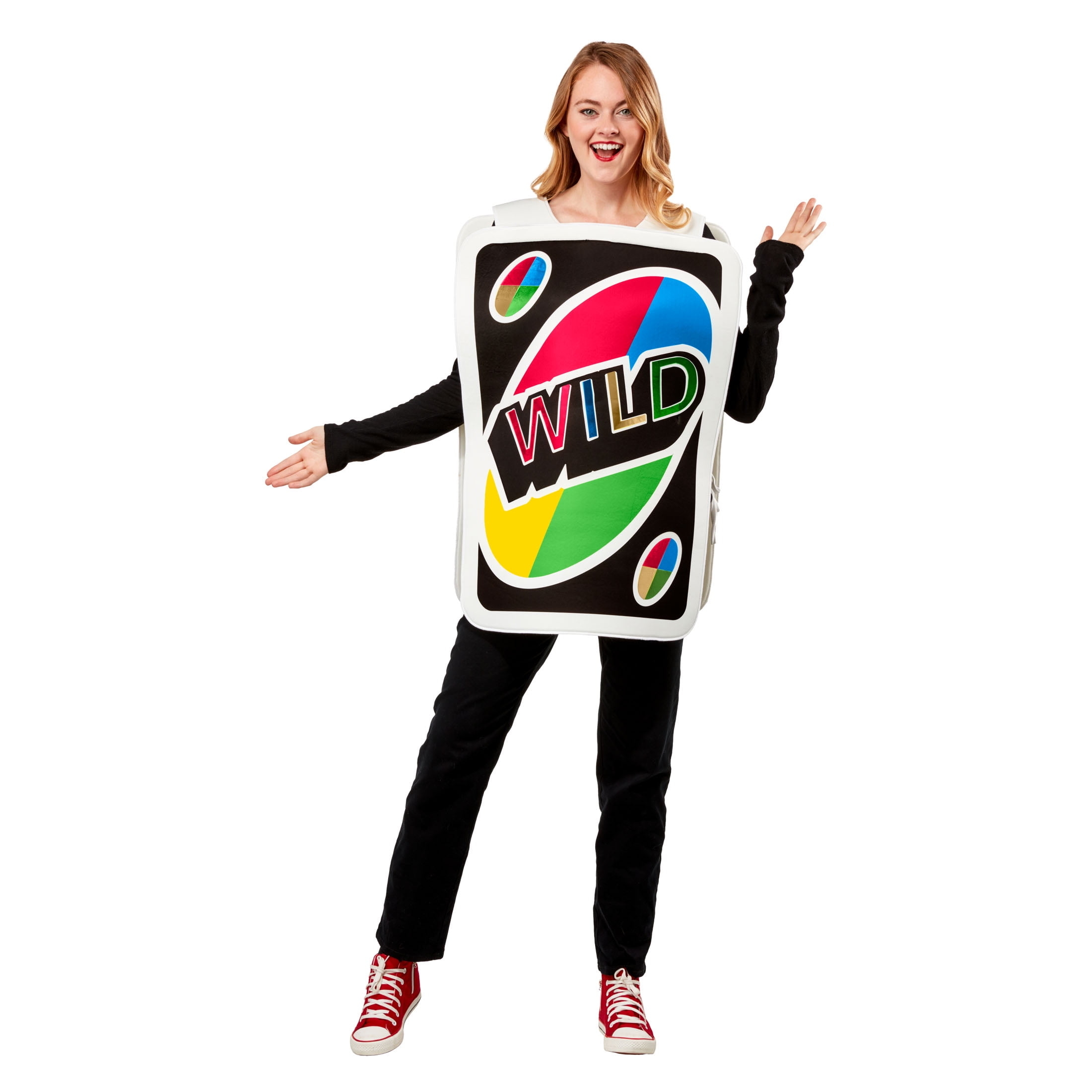 an adult wearing the slipover Uno wild card costume