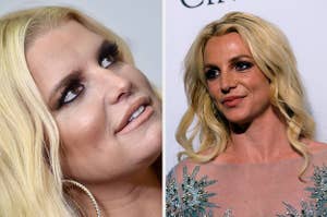 Jessica Simpson looks to her left vs Britney Spears smirks as she poses for a photo
