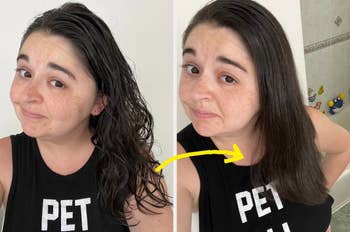 to the left: a buzzfeed editors wet curly hair, to the right: buzzfeed editor's straight