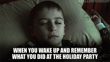 A child opens their eyes in shock with copy overlay "when you wake up and remember what you did at the holida party"