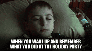 A child opens their eyes in shock with copy overlay &quot;when you wake up and remember what you did at the holida party&quot;