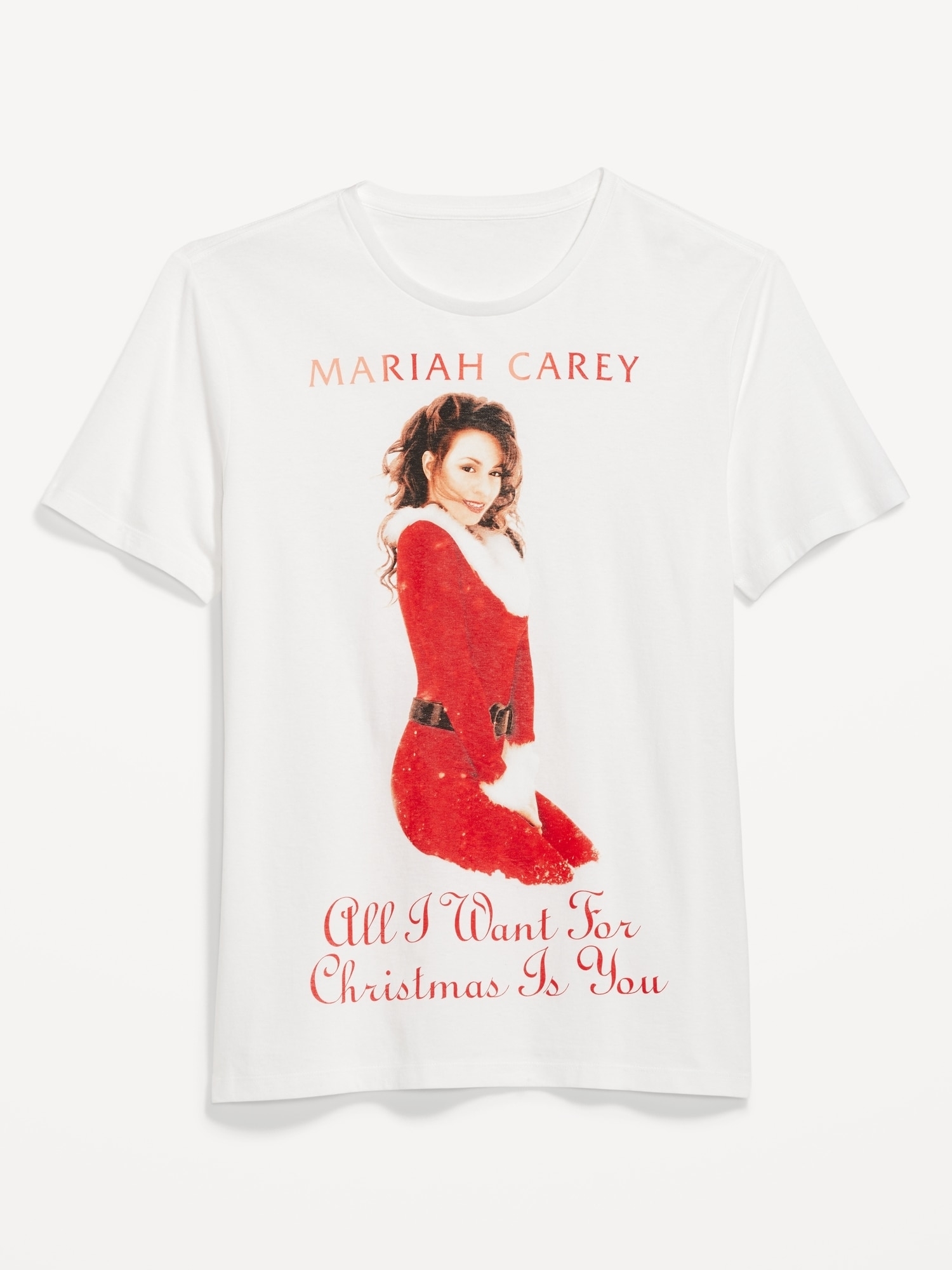 a white tee with mariah carey on it and &quot;all i want for christmas is you&quot;