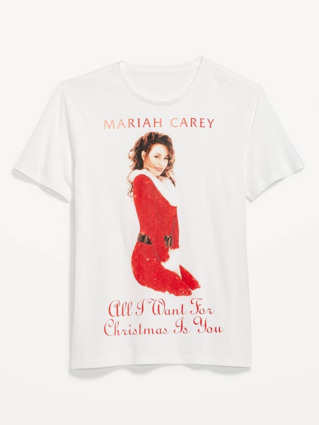 a white tee with mariah carey on it and 
