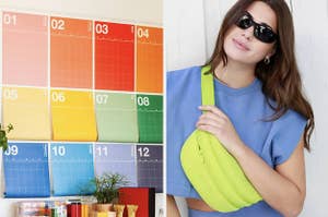 on left: colorful Poketo wall calendar. on right: yellow belt bag