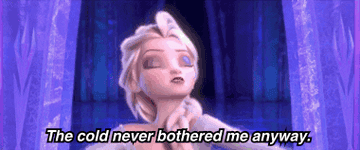 Elsa from &quot;Frozen&quot; saying &quot;The cold never bothered me anyway.&quot; while turning and slamming a dog behind her