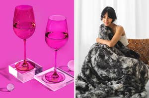 two pink wine glasses and model holding gray blanket