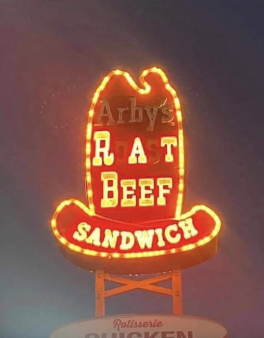 arby&#x27;s sign has letters that are out so it reads rat beef sandwich