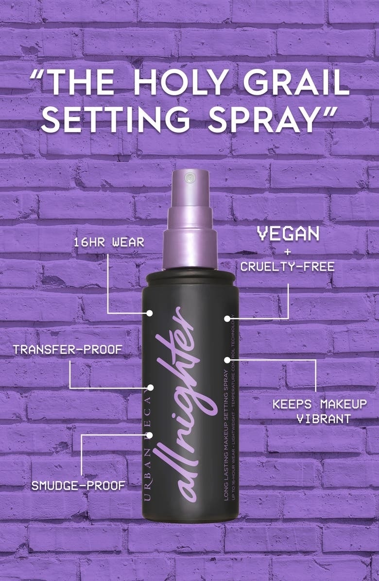 brand image of the spray with the words &quot;holy grail setting spray on top&quot; and other notable features including smudge-proof, transfer--proof, 16 hr wear, vegan + cruelty free, and keeps makeup vibrant