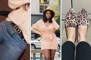 reviewer's double circle belt / reviewer wearing wrap sweater dress / reviewer wearing leopard loafers