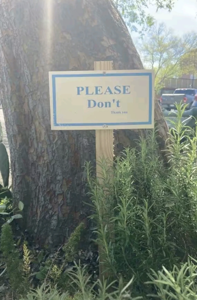 sign by a tree that says please dont, thank you