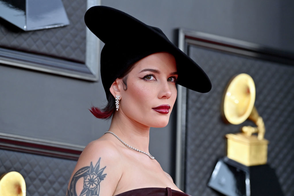 Close-up of Halsey at the Grammys in a strapless outfit