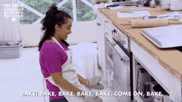 a woman on great british baking show pleads with an oven to bake