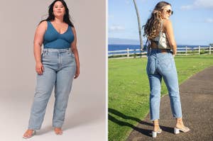 reviewer wearing straight leg curvy jeans from abercrombie / reviewer showing the back of some levi's jeans