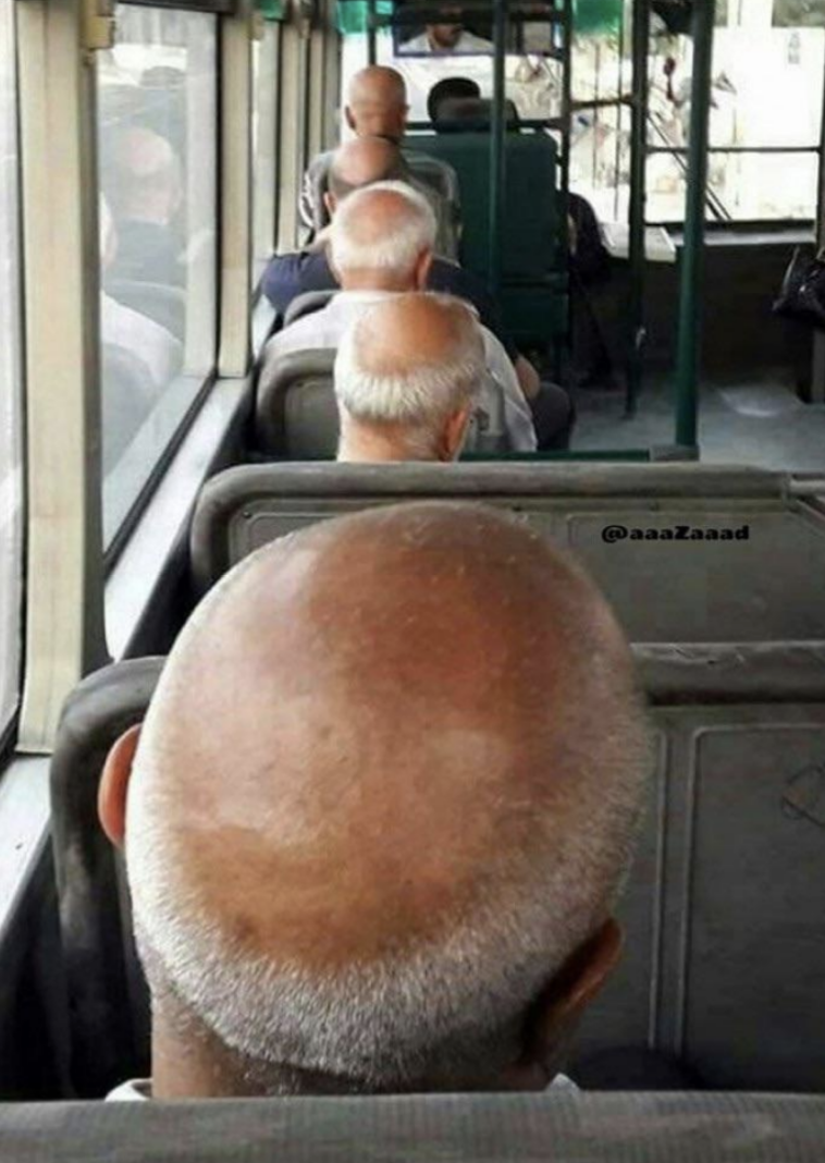 A row of bald men on a bus