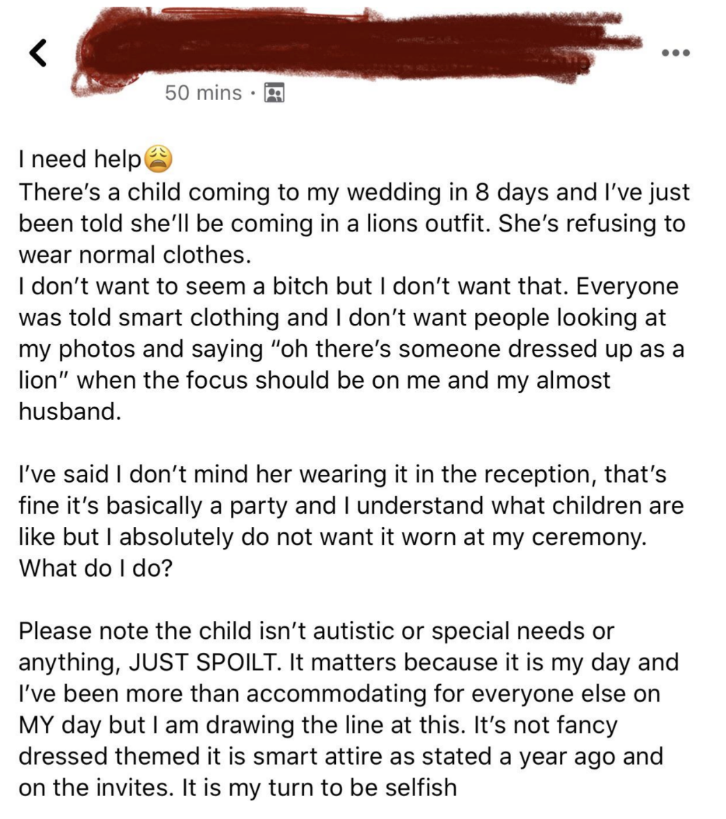 bride upset that the child will be wearing a costume