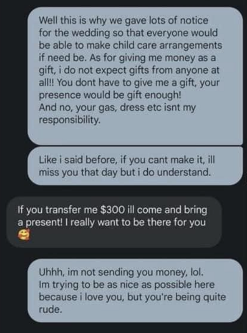 person saying if the bride transfers them $300 then they'll come to the wedding