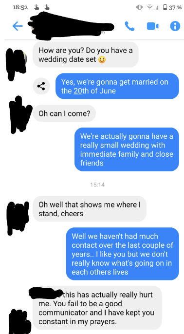 phone messages of someone asking if they can come to the wedding