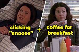 Lorelai Gilmore in bed and drinking coffee.