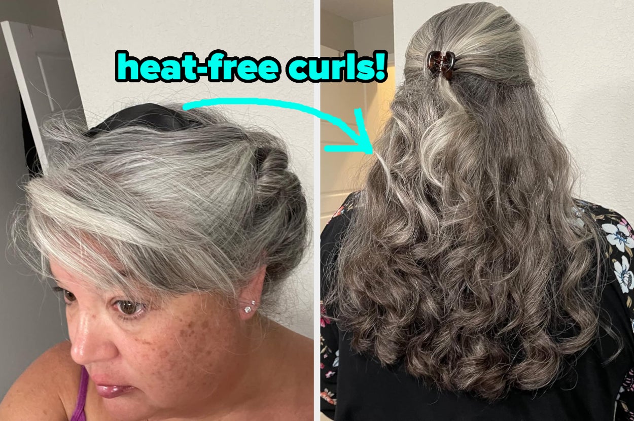 reviewer using a heat free hair curler in their hair, then their hair let down showing the curls