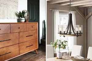 on left: brown mid-century style dresser. on right: chandelier with glass light shades
