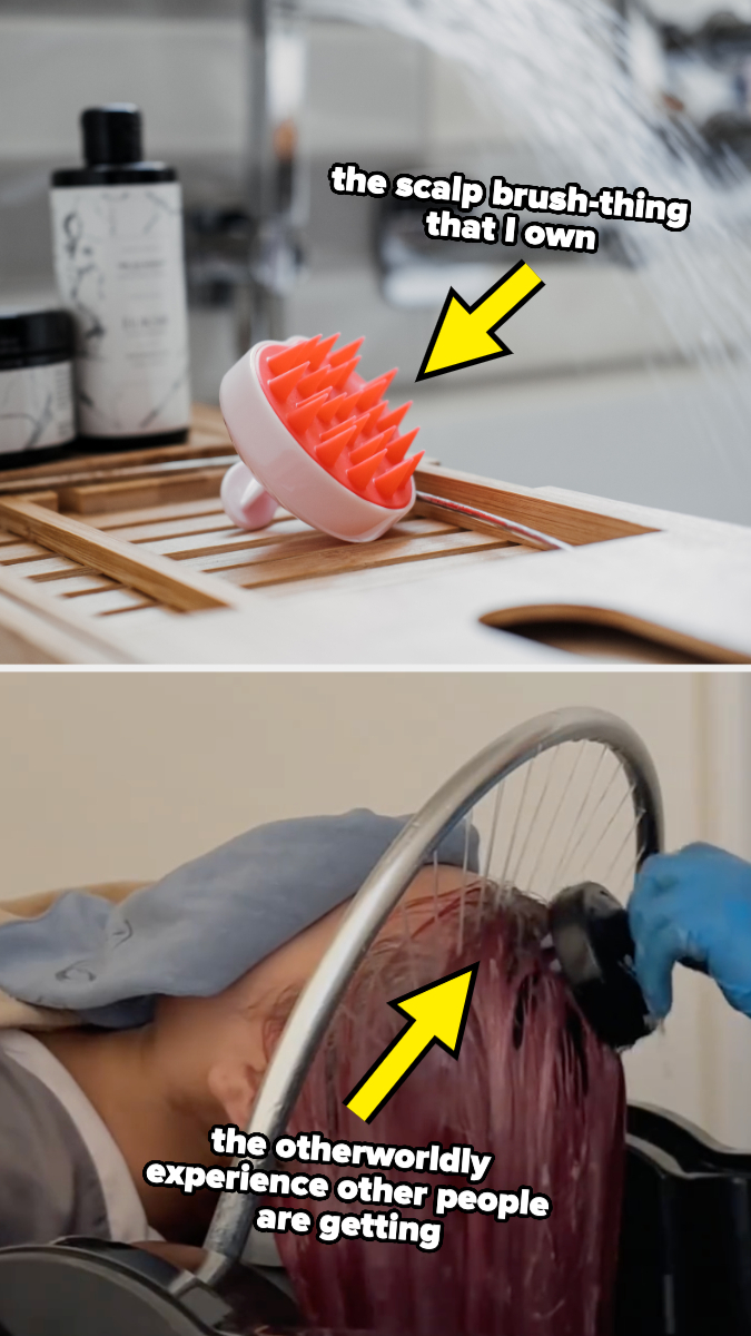 A side-by-side of a scalp brush and a scalp massage