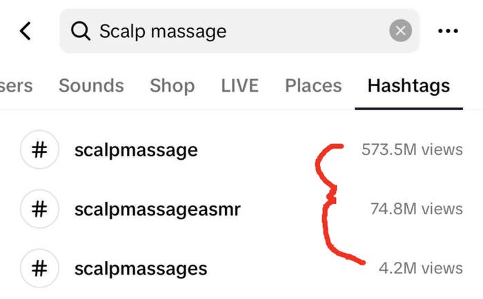 Views on three scalp massage hashtags adding up to 650 million views
