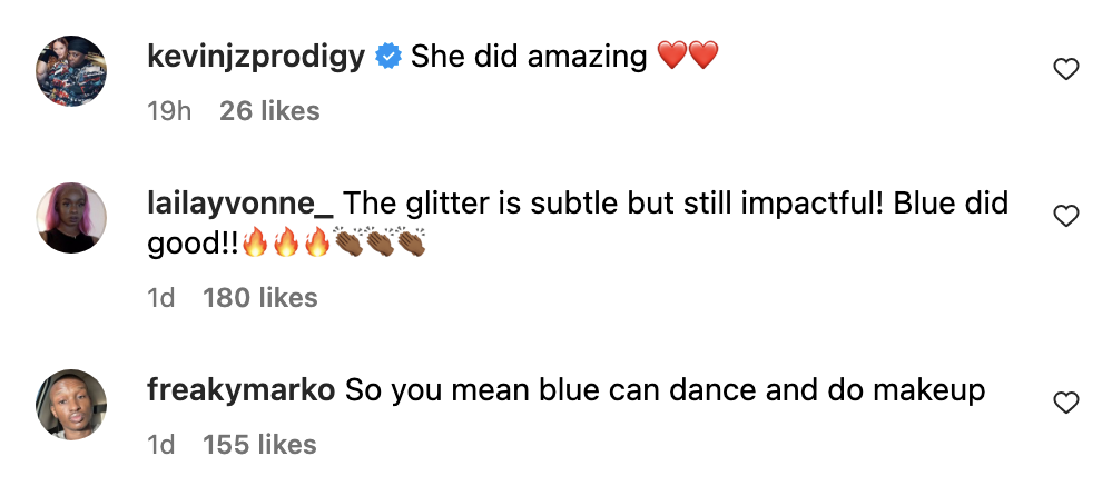 Screenshot of comments, including &quot;The glitter is subtle but still impactful! Blue did good!!&quot;