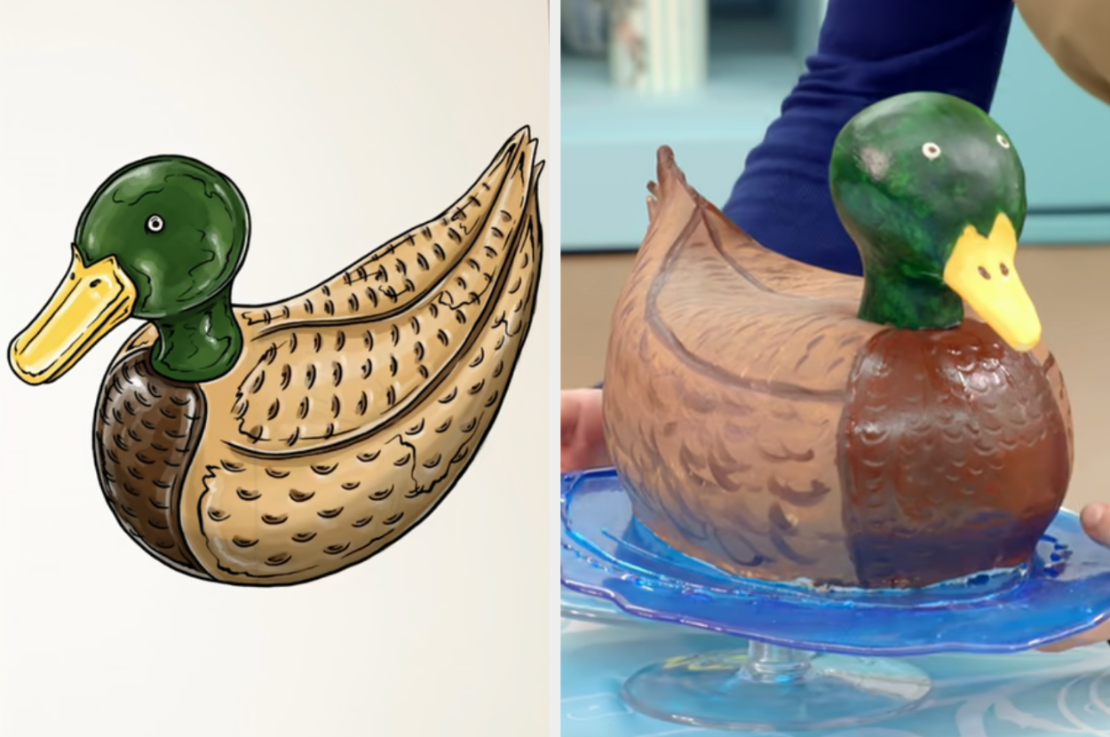Drawing of a cake that looks like a duck side by side with the actual cake sitting in an isomalt pond