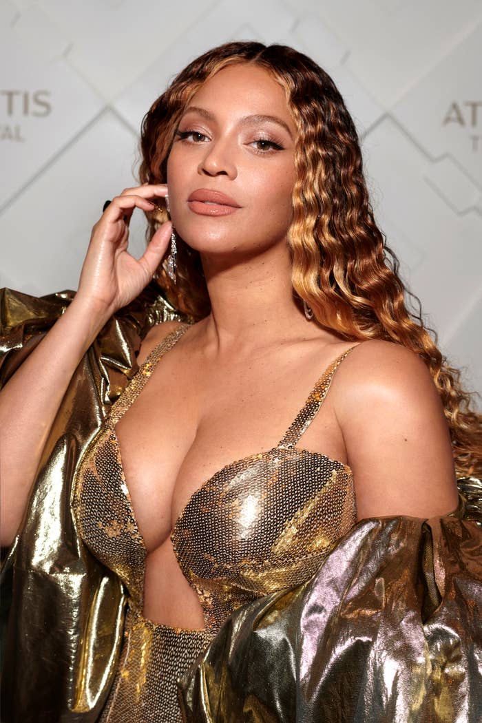 Close-up of Beyoncé in a glittery gold outfit