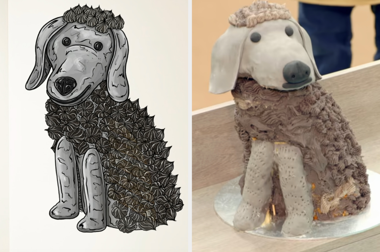 Drawing of a dog cake covered in frosting side by side with the actual cake