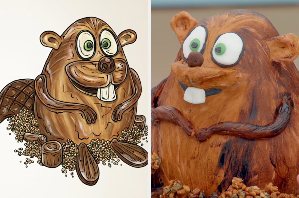 Nicki&#x27;s beaver cake side by side with the drawing