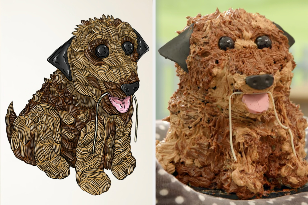 Dan&#x27;s bruno puppy cake side by side with its drawing
