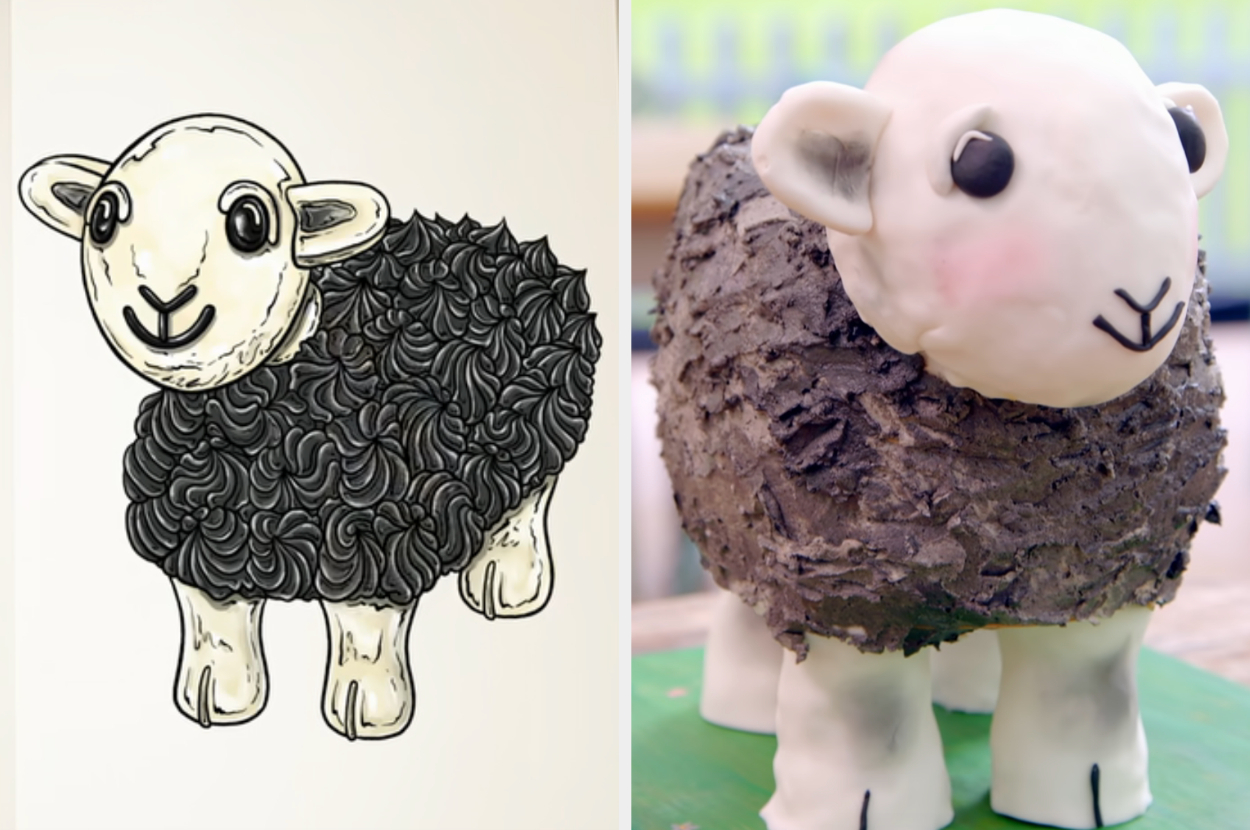 Abbi&#x27;s sheep cake side by side with the drawing