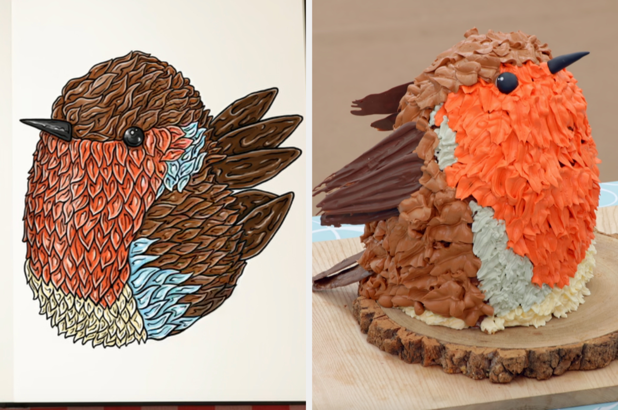 Tasha&#x27;s brightly decorated robin cake side by side with the drawing