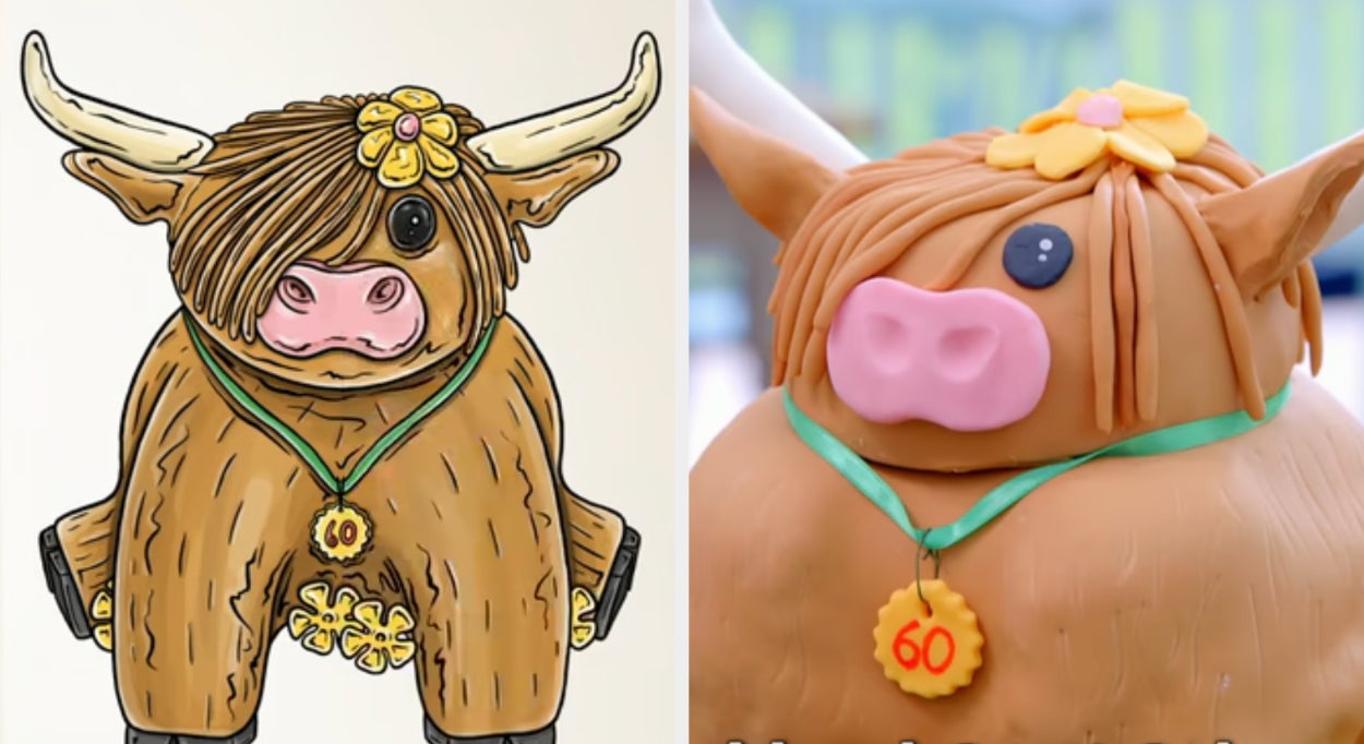 Josh&#x27;s cow cake drawing side by side with the actual cake
