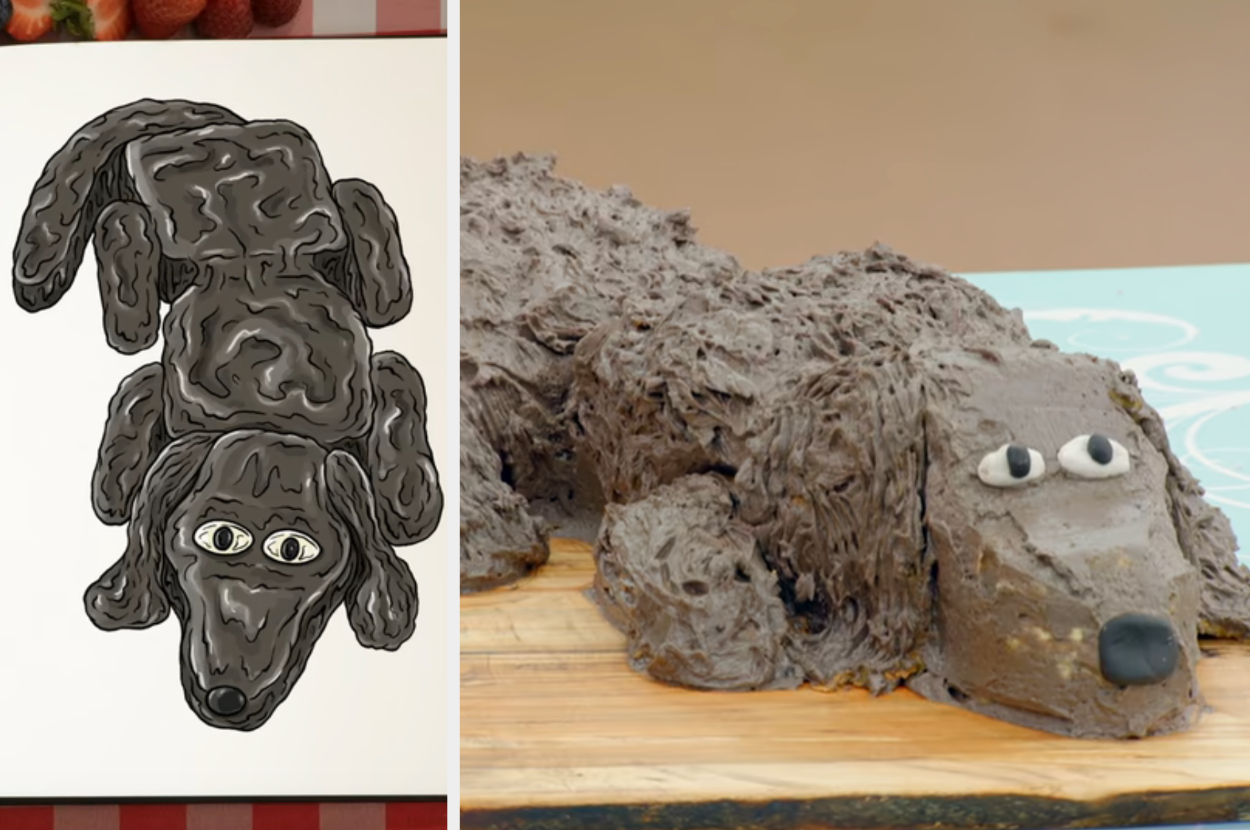 Drawing of a cocker spaniel cake side by with with the real cake
