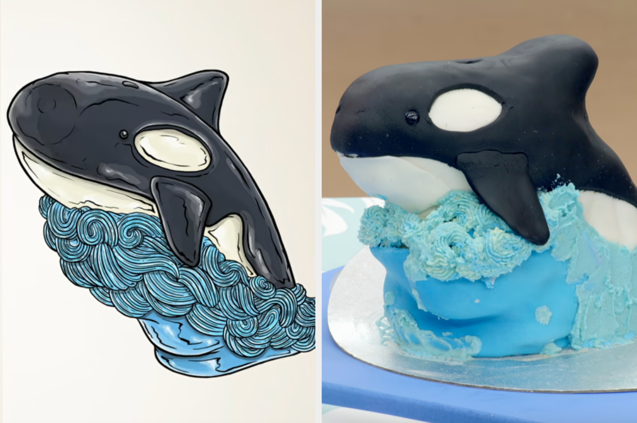 Amos&#x27; orca cake side by with with the drawing