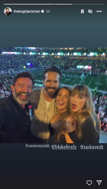 Closeup of Hugh Jackman, Ryan Reynolds, Blake Lively, and Taylor Swift